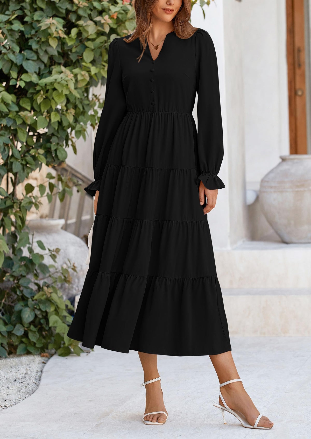Brick Red Swiss Dot Smocked Tiered Maxi Dress - Long Sleeve, photo 37