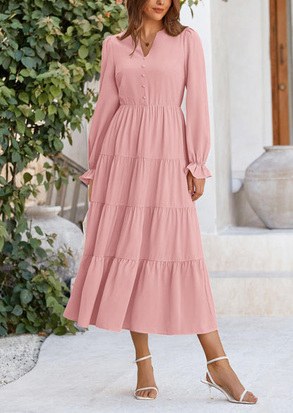 Brick Red Swiss Dot Smocked Tiered Maxi Dress - Long Sleeve, photo 29