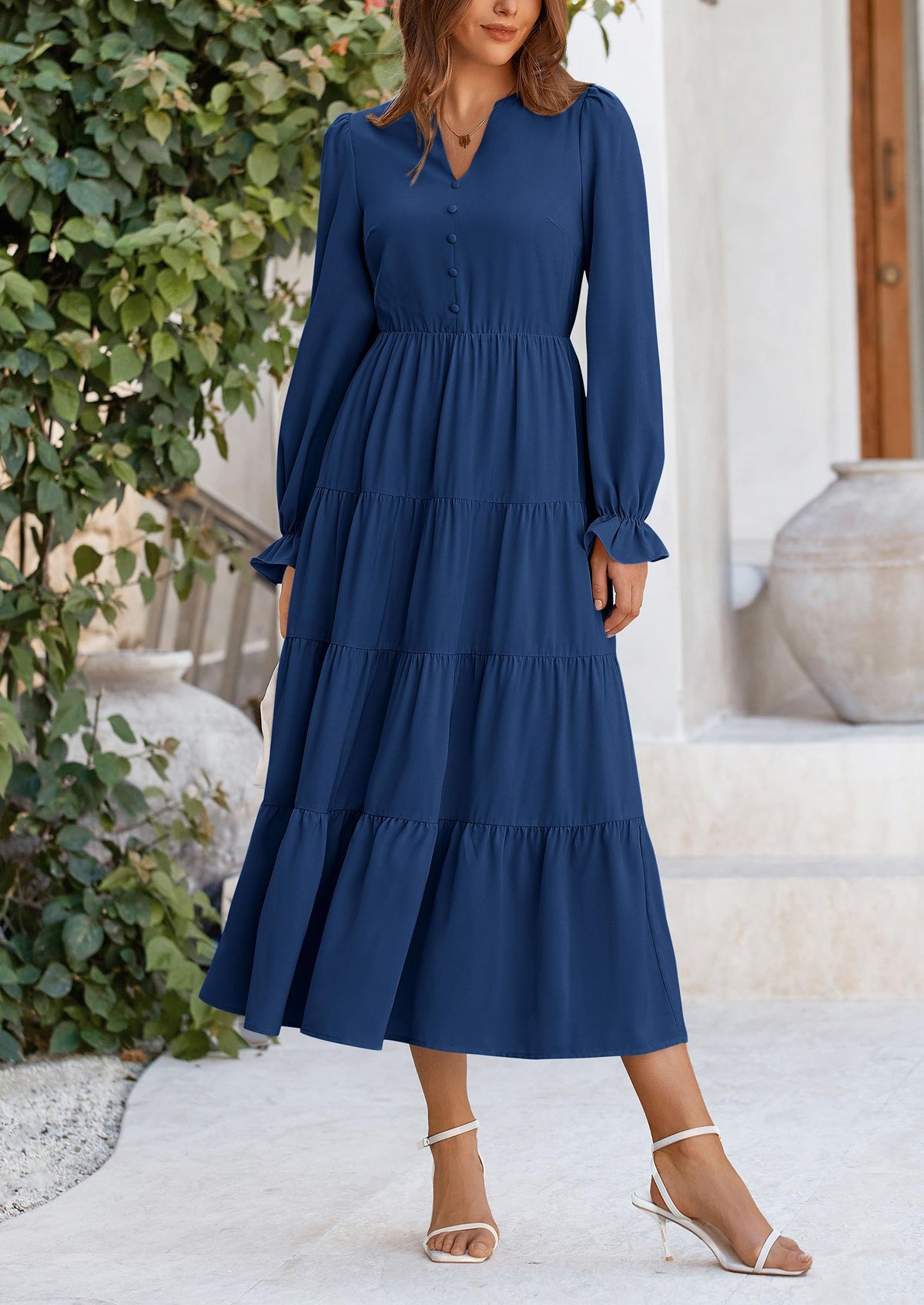 Brick Red Swiss Dot Smocked Tiered Maxi Dress - Long Sleeve, photo 45