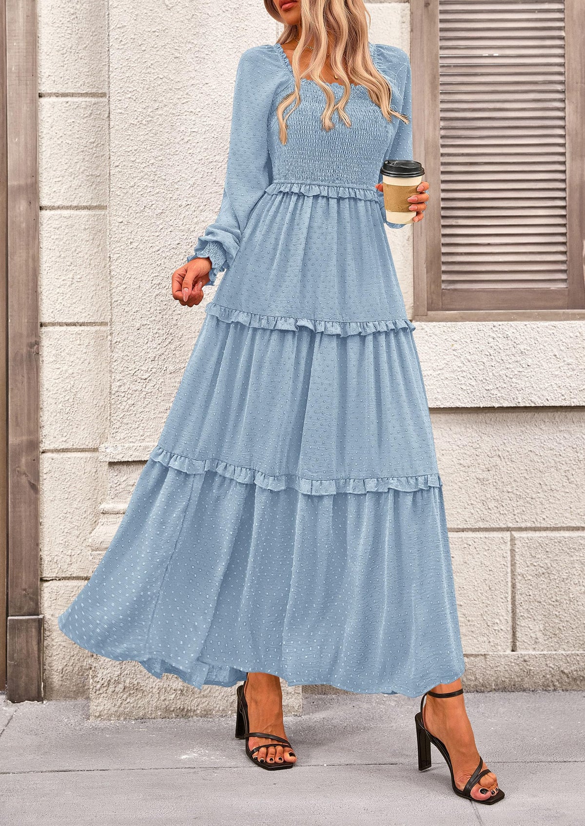 Beige Swiss Dot Smocked Tiered Maxi Dress - Long Sleeve, photo 53