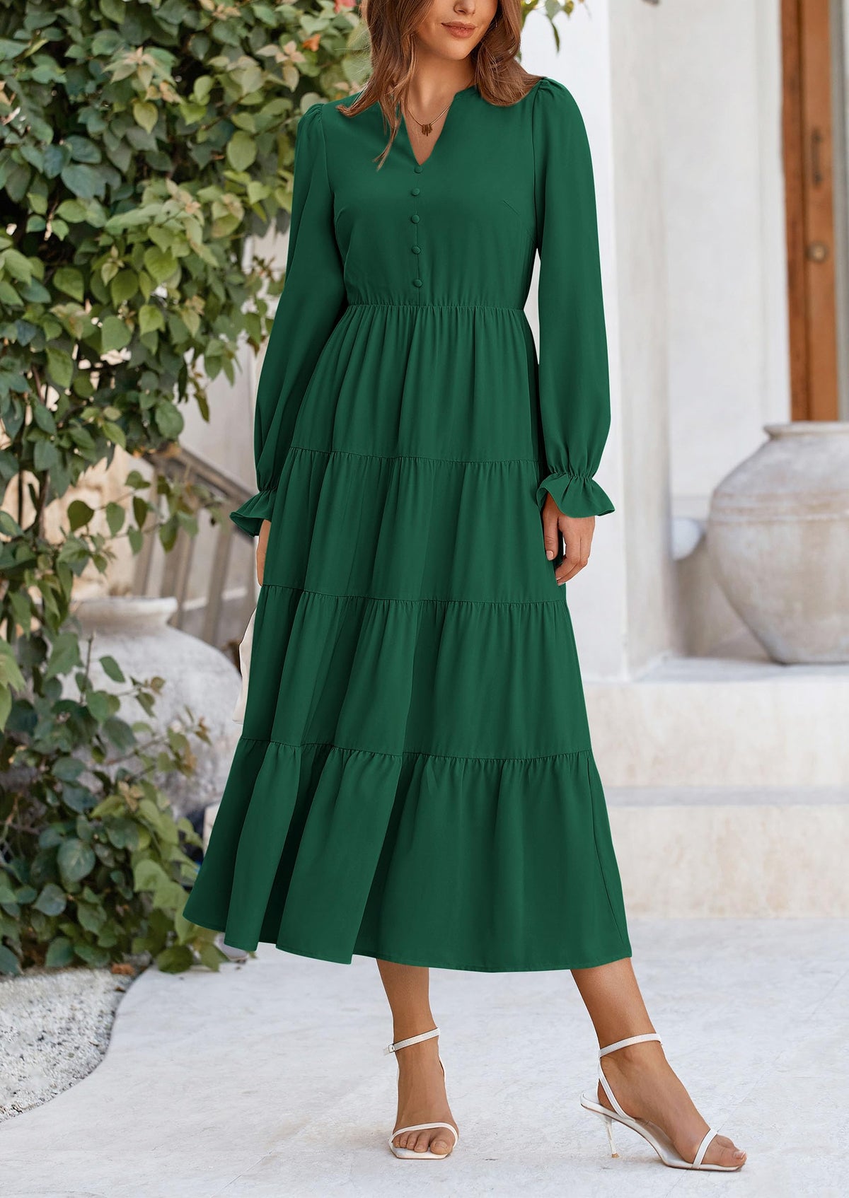Brick Red Swiss Dot Smocked Tiered Maxi Dress - Long Sleeve, photo 53
