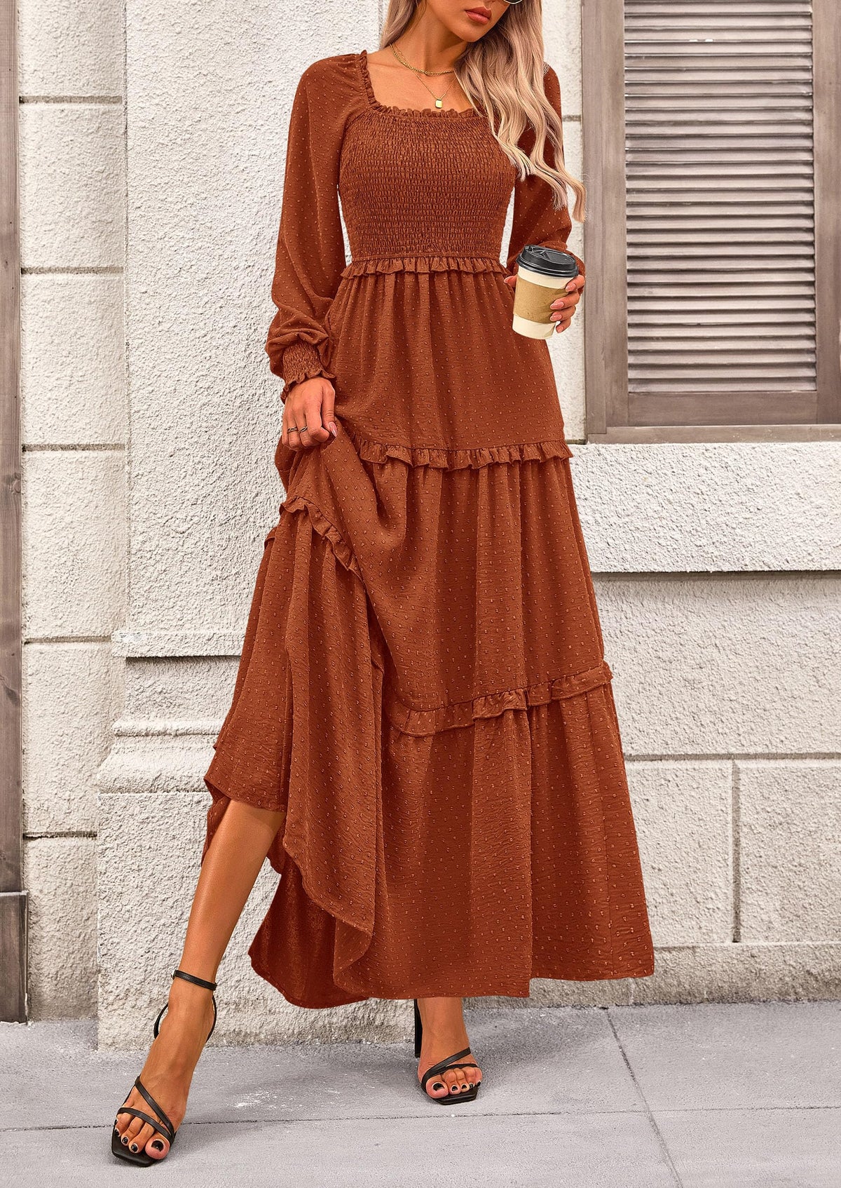 Beige Swiss Dot Smocked Tiered Maxi Dress - Long Sleeve, photo 60