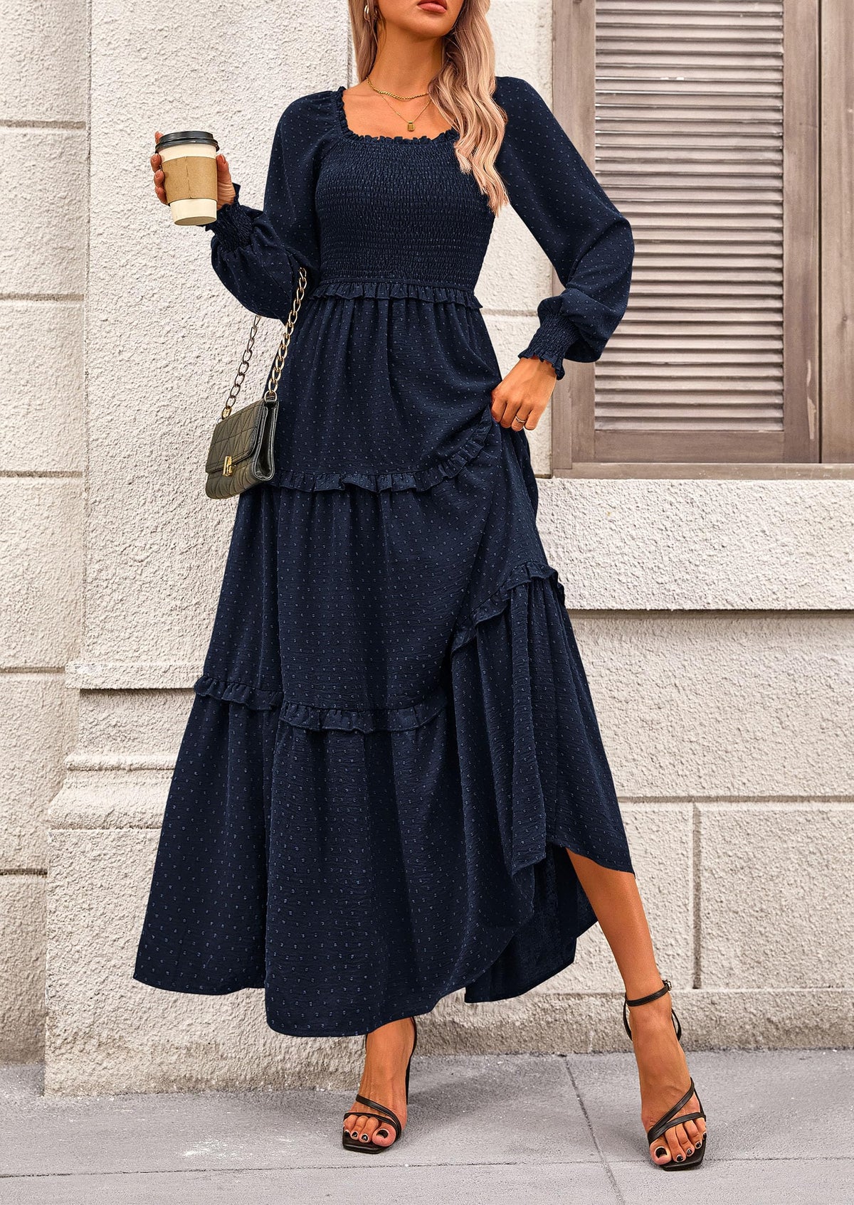 Beige Swiss Dot Smocked Tiered Maxi Dress - Long Sleeve, photo 20