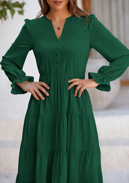 Brick Red Swiss Dot Smocked Tiered Maxi Dress - Long Sleeve, photo 54