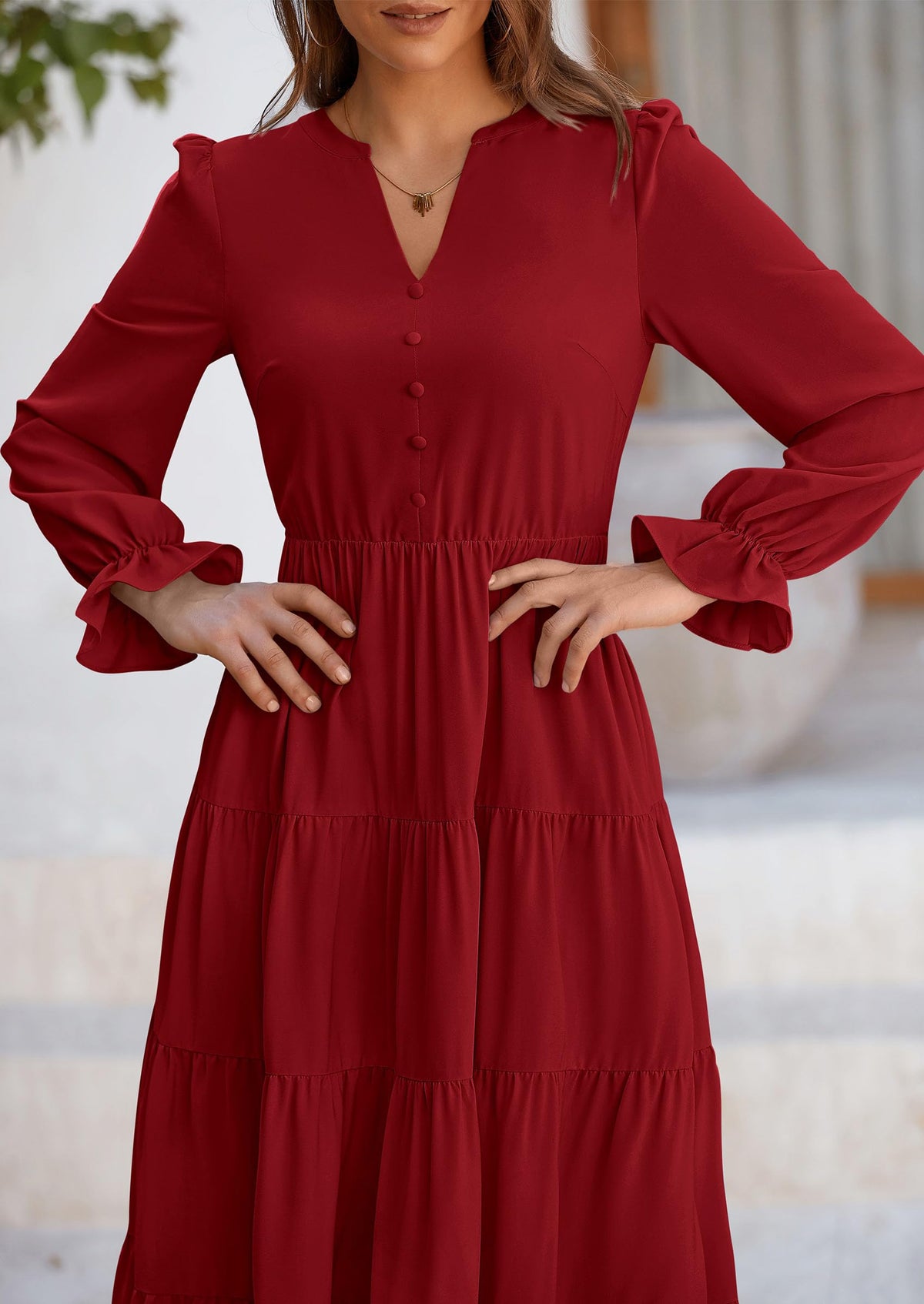 Brick Red Swiss Dot Smocked Tiered Maxi Dress - Long Sleeve, photo 61