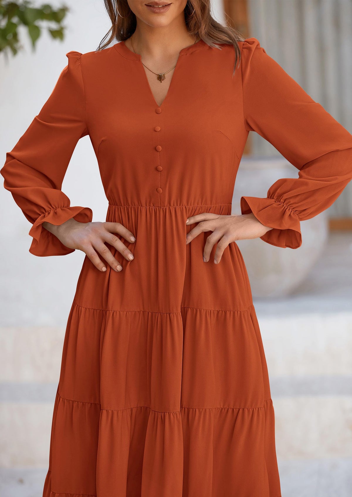 Brick Red Swiss Dot Smocked Tiered Maxi Dress - Long Sleeve, photo 5