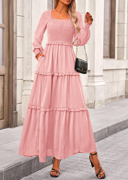 Beige Swiss Dot Smocked Tiered Maxi Dress - Long Sleeve, photo 13