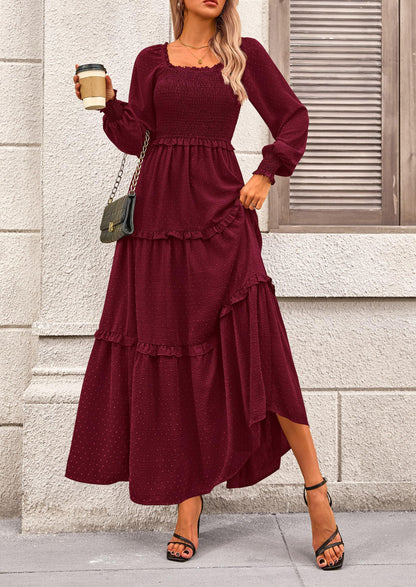 Beige Swiss Dot Smocked Tiered Maxi Dress - Long Sleeve, photo 36