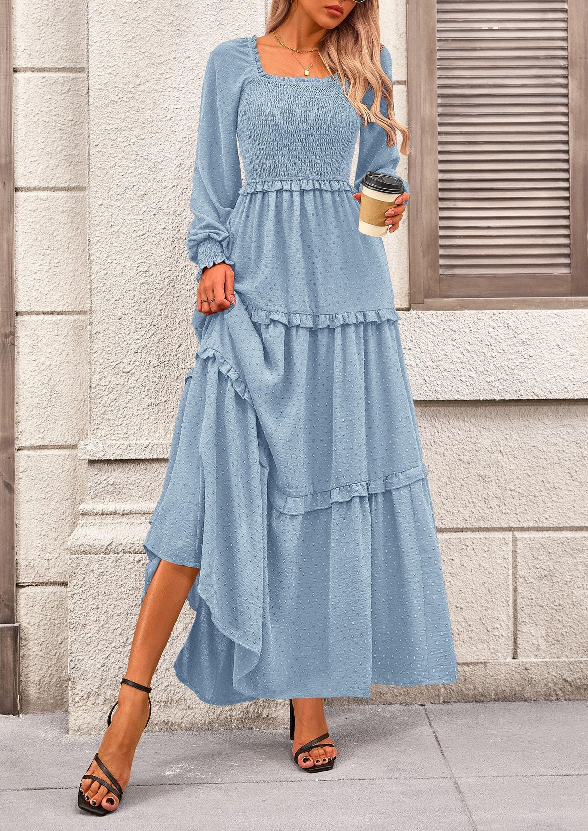 Beige Swiss Dot Smocked Tiered Maxi Dress - Long Sleeve, photo 54