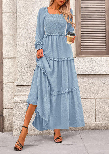 Beige Swiss Dot Smocked Tiered Maxi Dress - Long Sleeve, photo 54