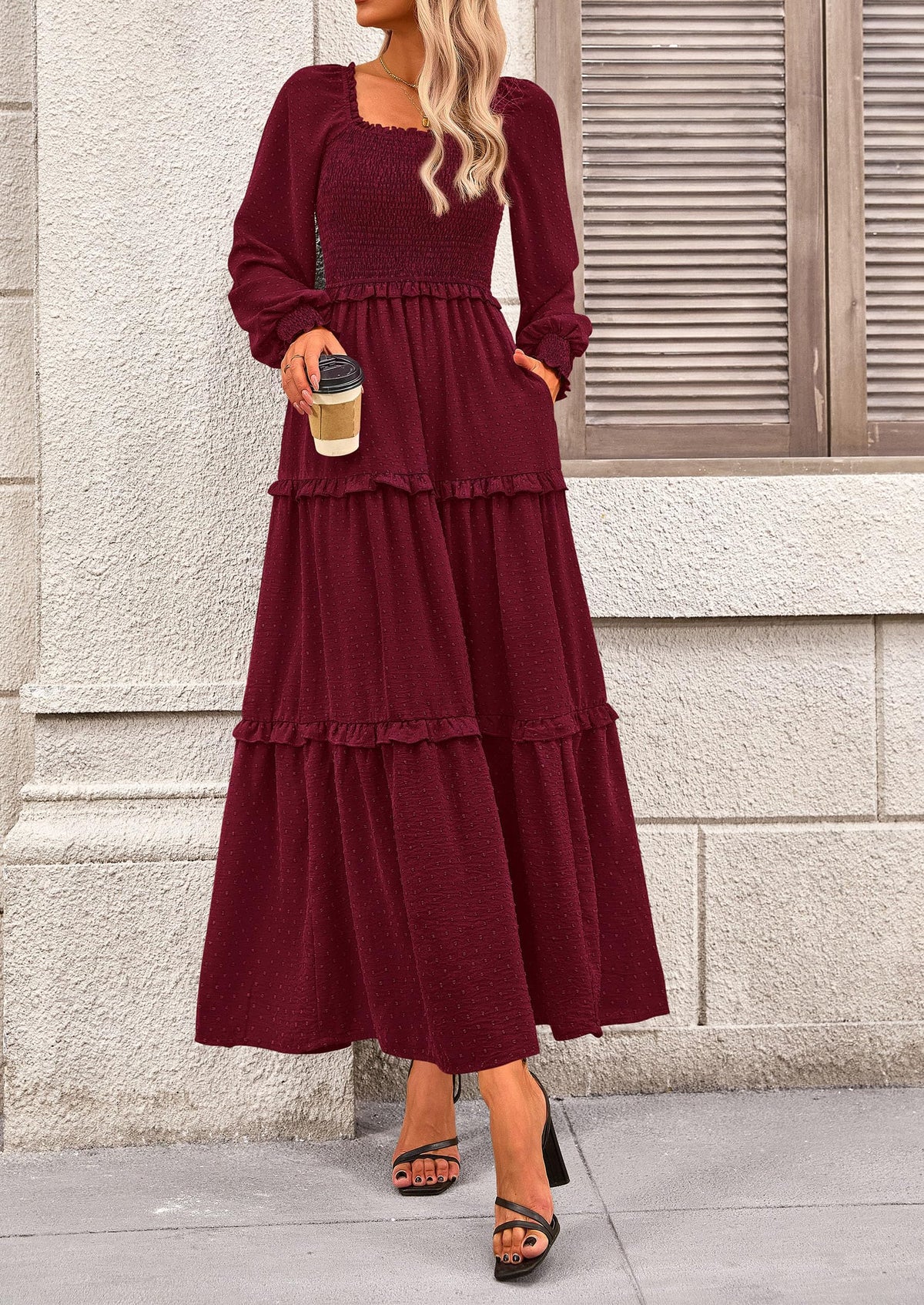 Beige Swiss Dot Smocked Tiered Maxi Dress - Long Sleeve, photo 38