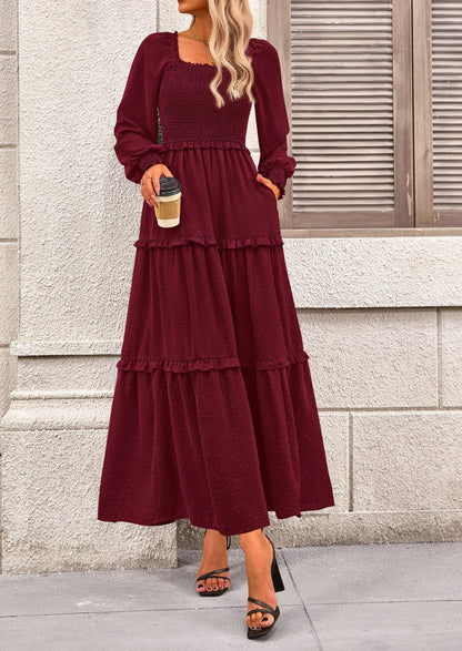 Beige Swiss Dot Smocked Tiered Maxi Dress - Long Sleeve, photo 38