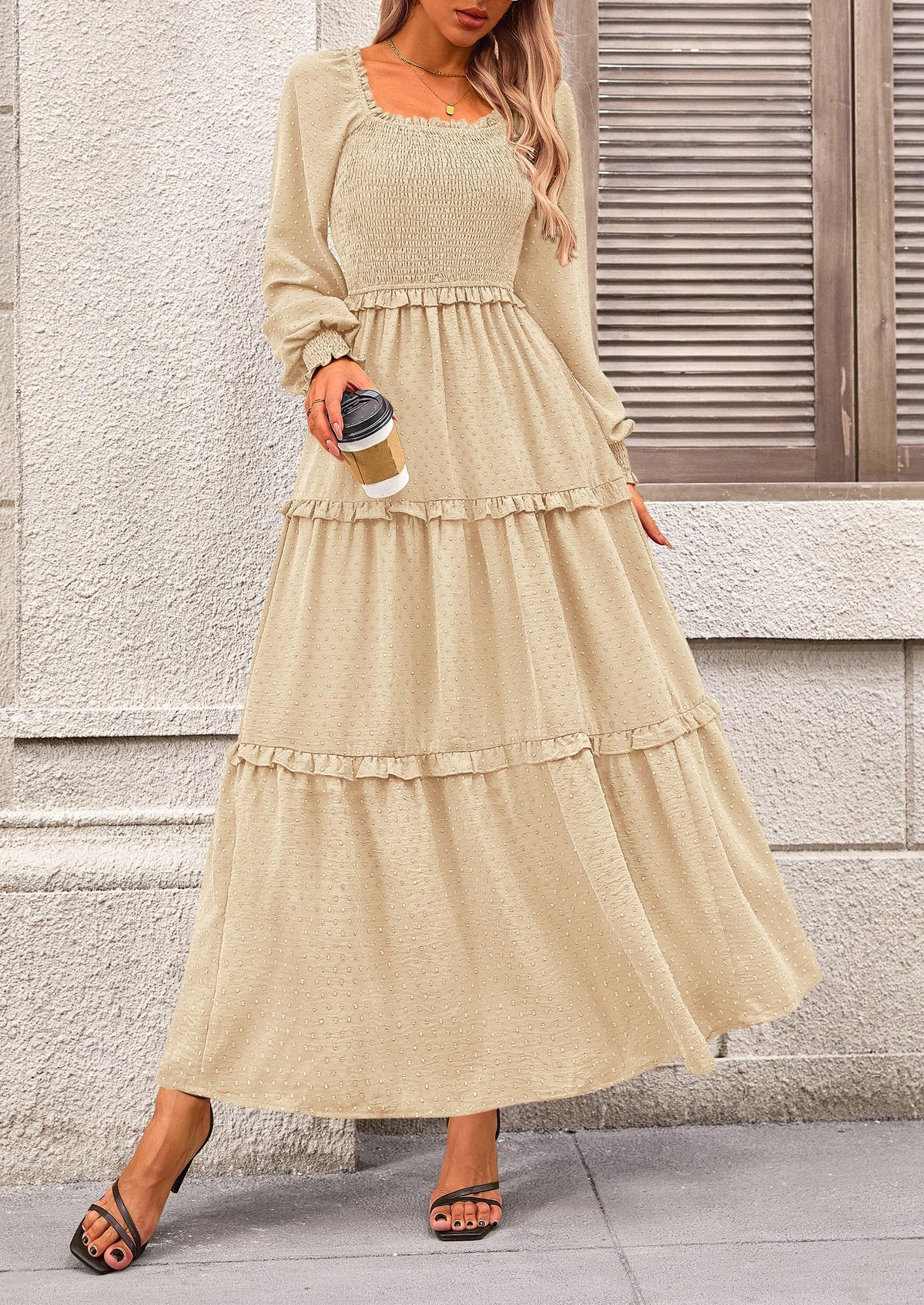 Beige Swiss Dot Smocked Tiered Maxi Dress - Long Sleeve, photo 6