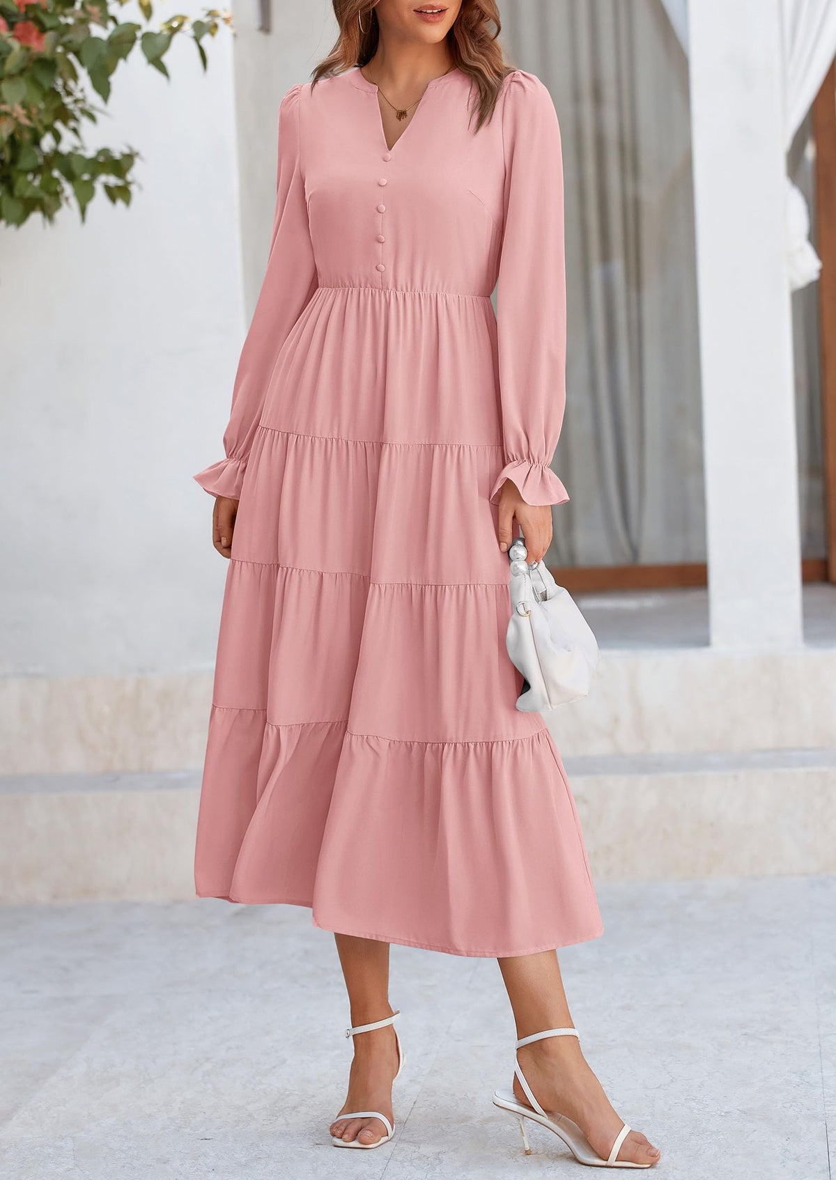Brick Red Swiss Dot Smocked Tiered Maxi Dress - Long Sleeve, photo 31