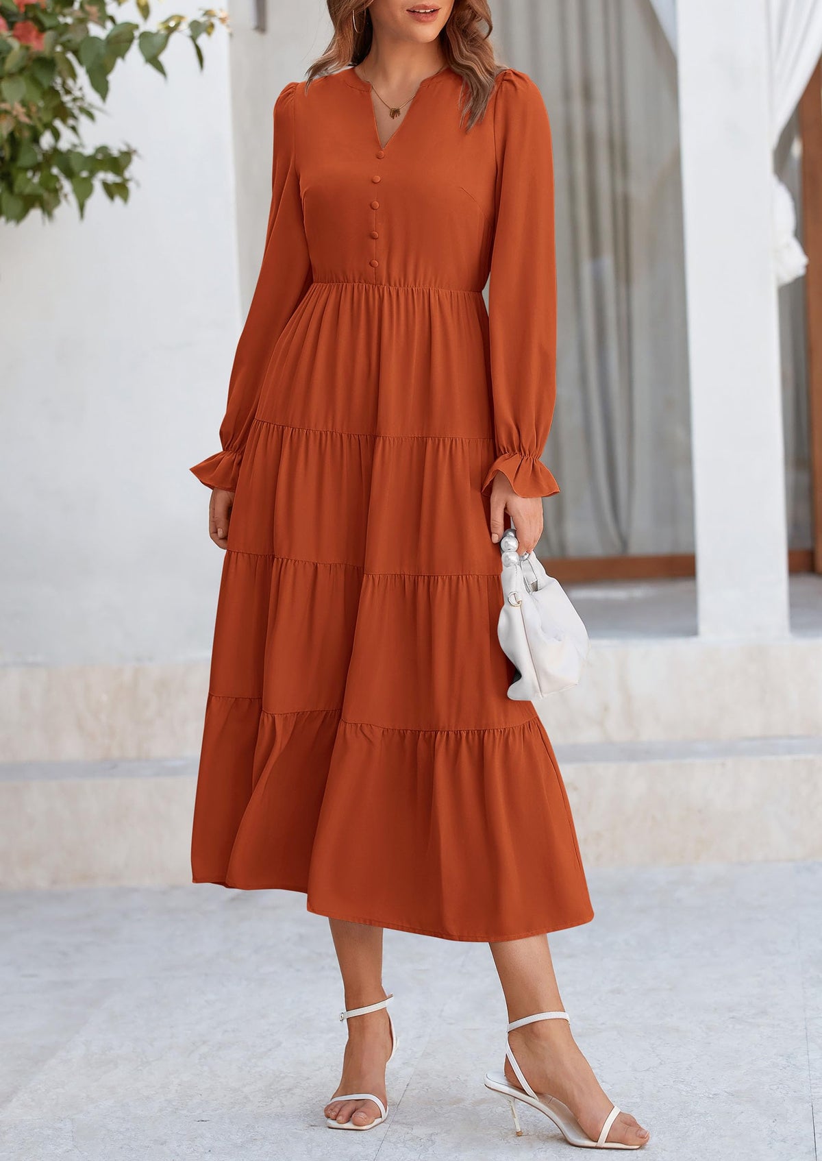 Brick Red Swiss Dot Smocked Tiered Maxi Dress - Long Sleeve, photo 6