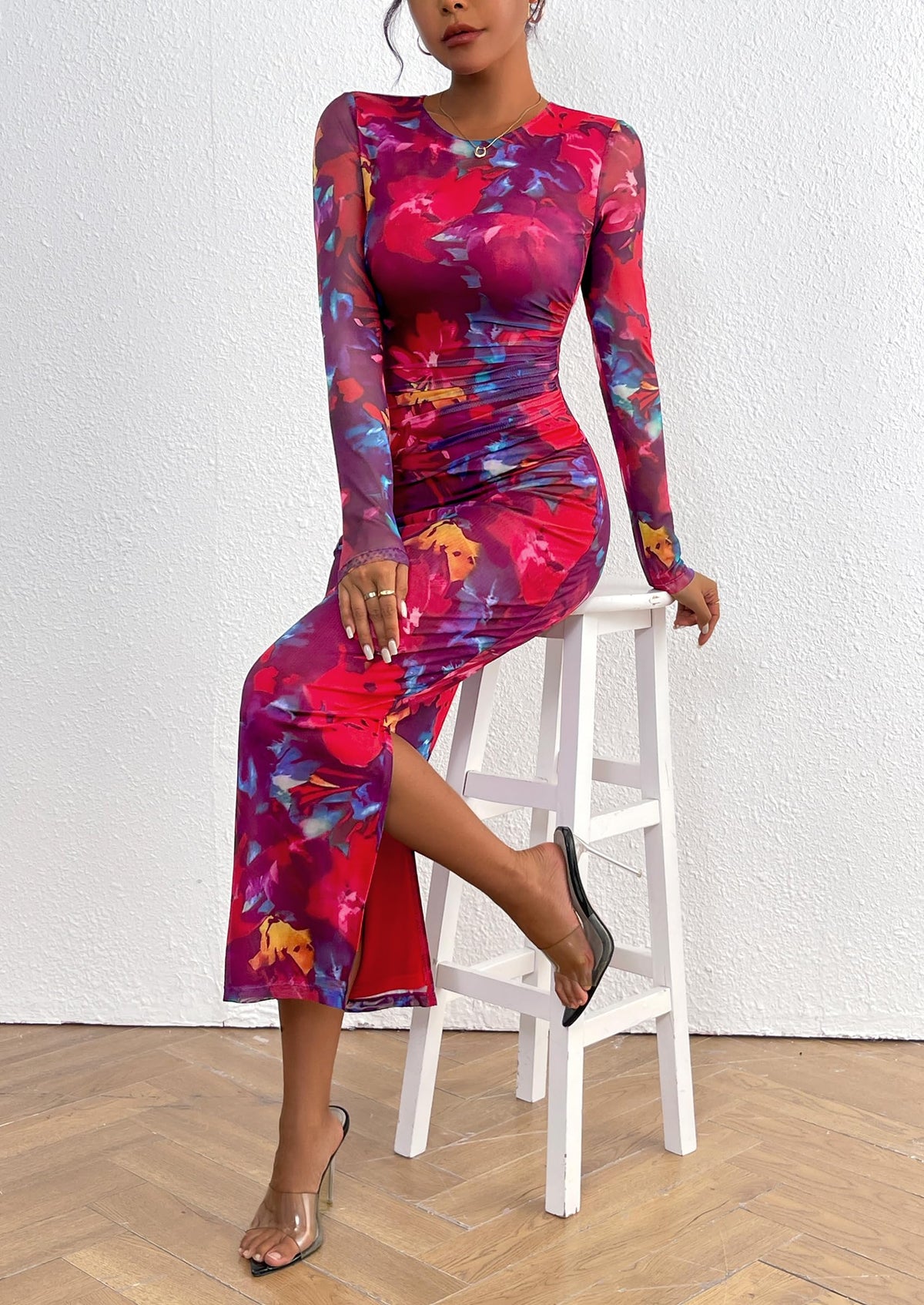 Floral Bodycon Ruched Maxi Dress - Long Sleeve, Party - photo 25