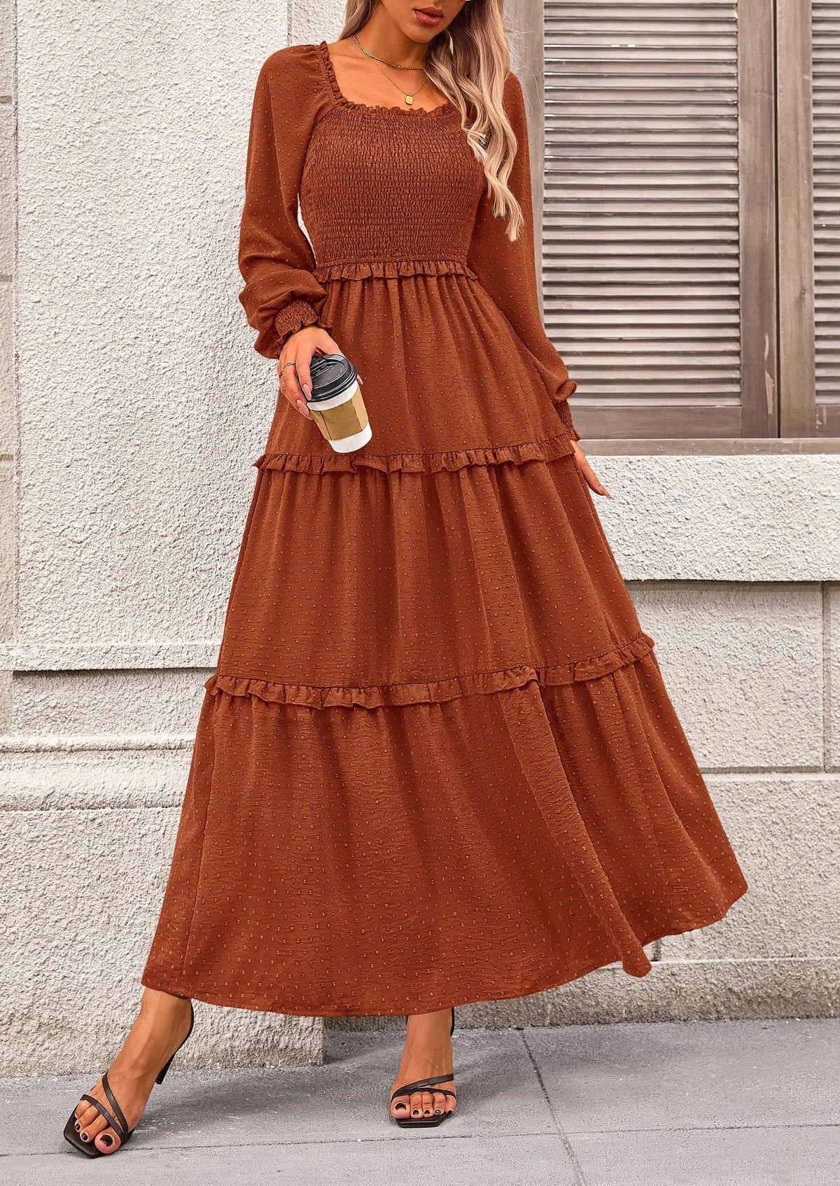 Beige Swiss Dot Smocked Tiered Maxi Dress - Long Sleeve, photo 62