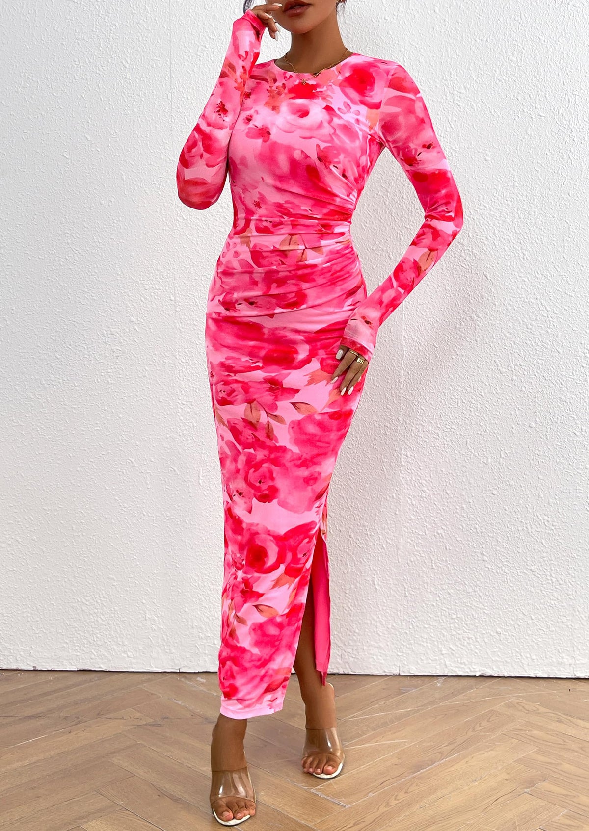 Floral Bodycon Ruched Maxi Dress - Long Sleeve, Party - photo 18