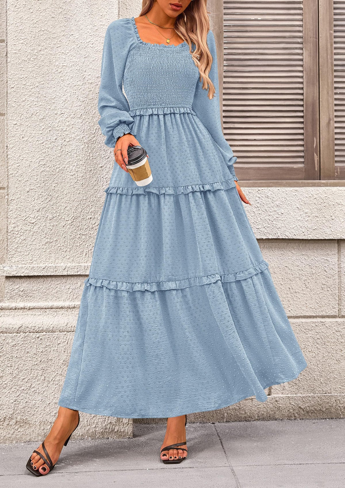 Beige Swiss Dot Smocked Tiered Maxi Dress - Long Sleeve, photo 55