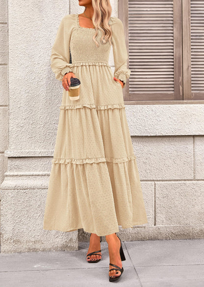 Beige Swiss Dot Smocked Tiered Maxi Dress - Long Sleeve, photo 7
