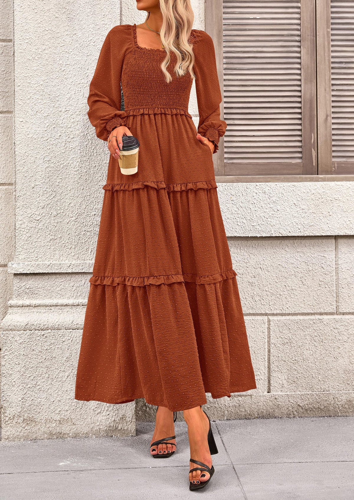 Beige Swiss Dot Smocked Tiered Maxi Dress - Long Sleeve, photo 63