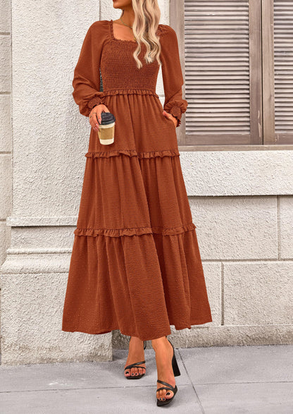 Beige Swiss Dot Smocked Tiered Maxi Dress - Long Sleeve, photo 63