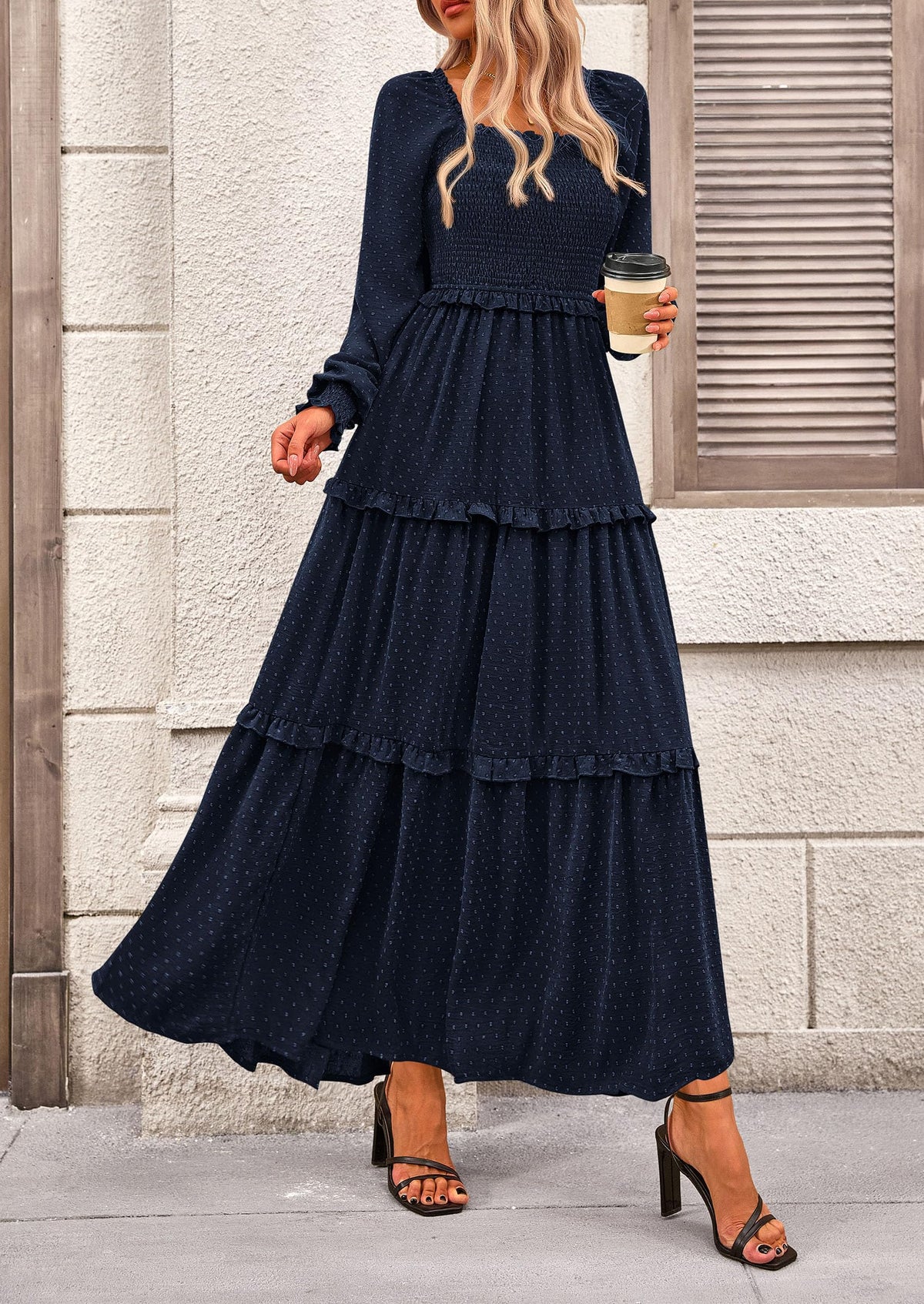 Beige Swiss Dot Smocked Tiered Maxi Dress - Long Sleeve, photo 23