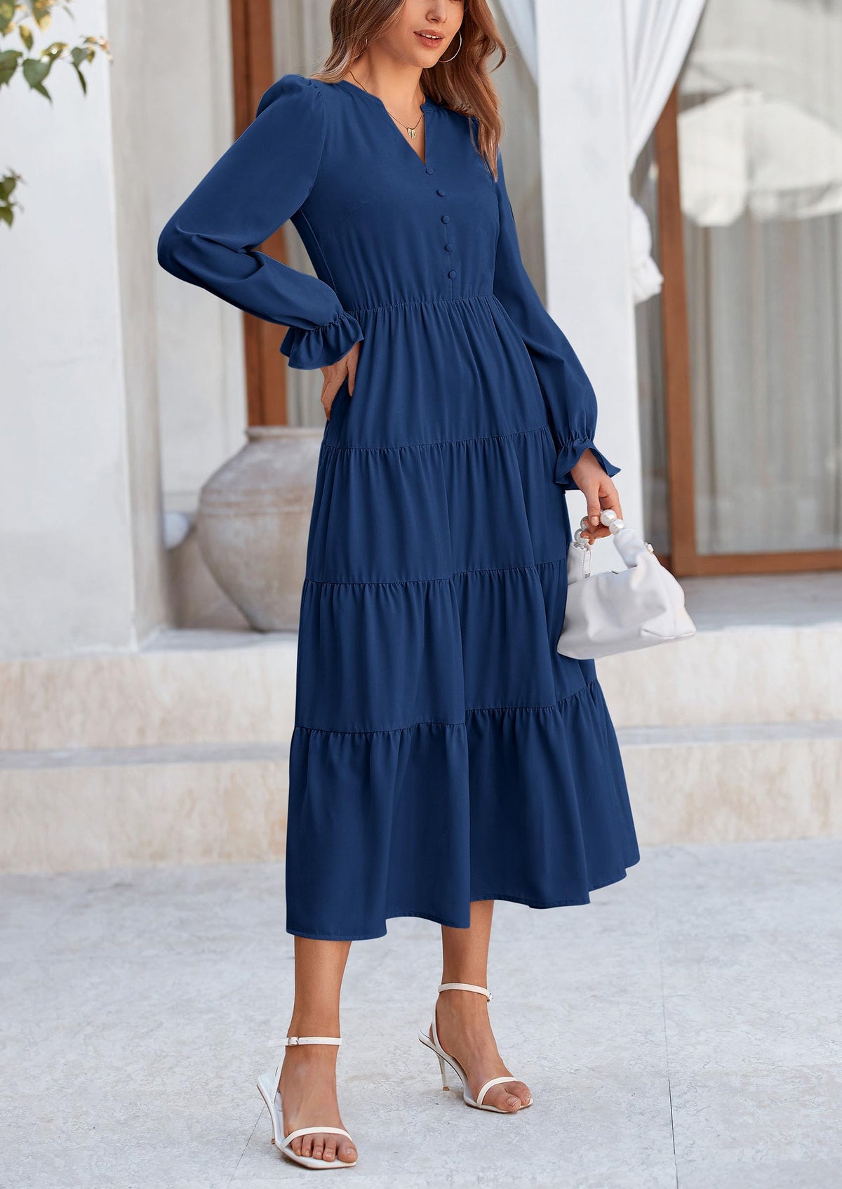 Brick Red Swiss Dot Smocked Tiered Maxi Dress - Long Sleeve, photo 48
