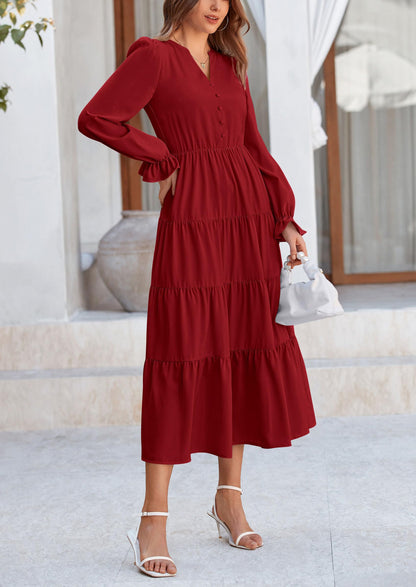 Brick Red Swiss Dot Smocked Tiered Maxi Dress - Long Sleeve, photo 63