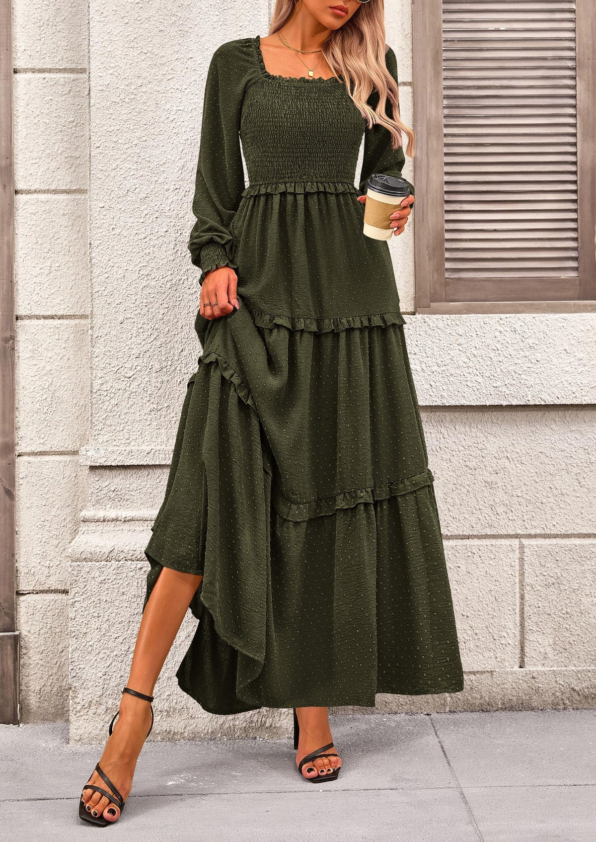 Beige Swiss Dot Smocked Tiered Maxi Dress - Long Sleeve, photo 47