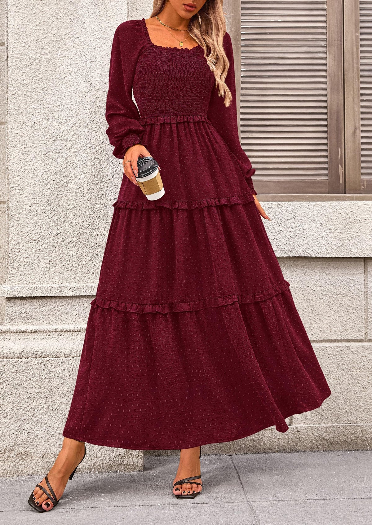 Beige Swiss Dot Smocked Tiered Maxi Dress - Long Sleeve, photo 39