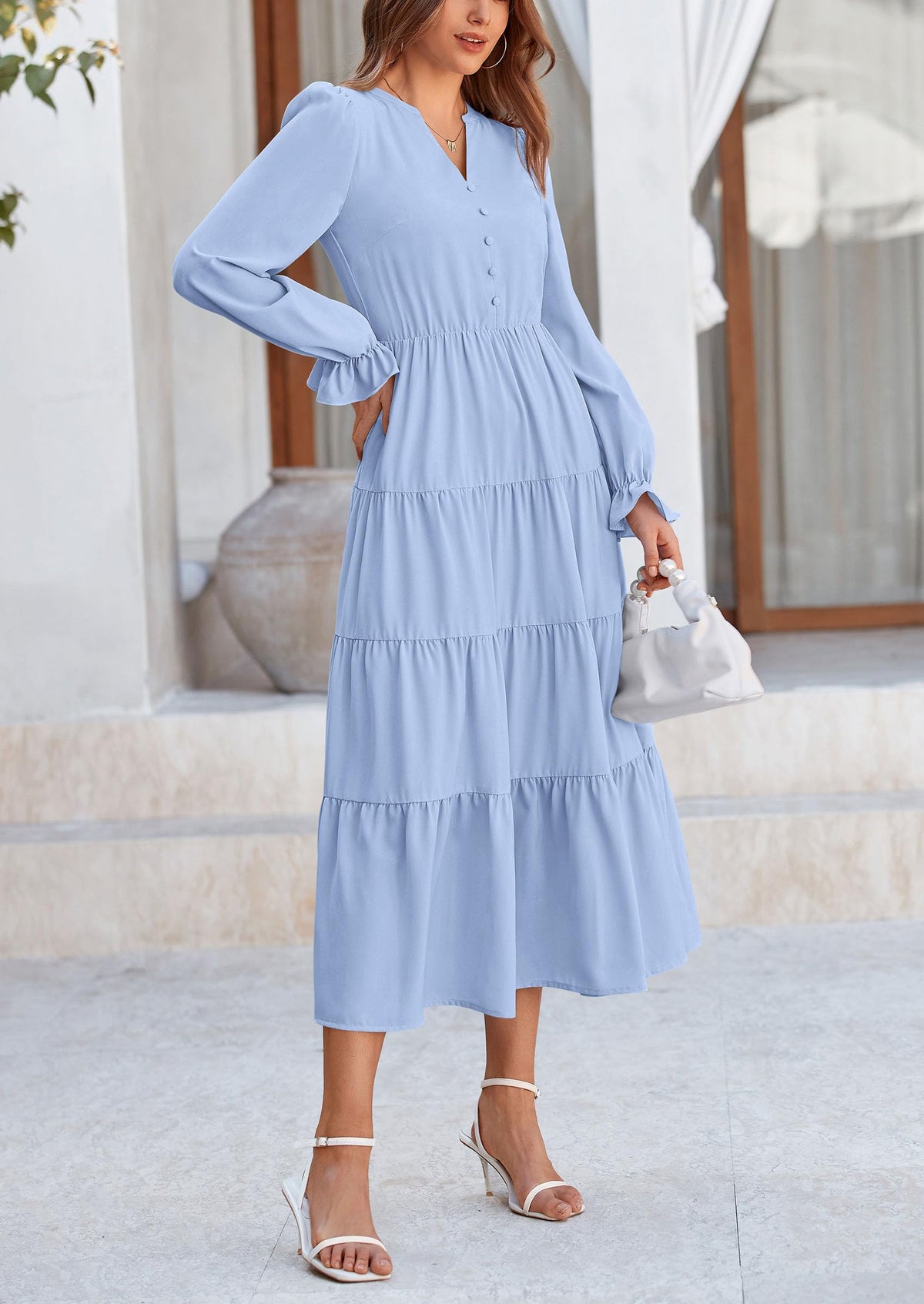 Brick Red Swiss Dot Smocked Tiered Maxi Dress - Long Sleeve, photo 15