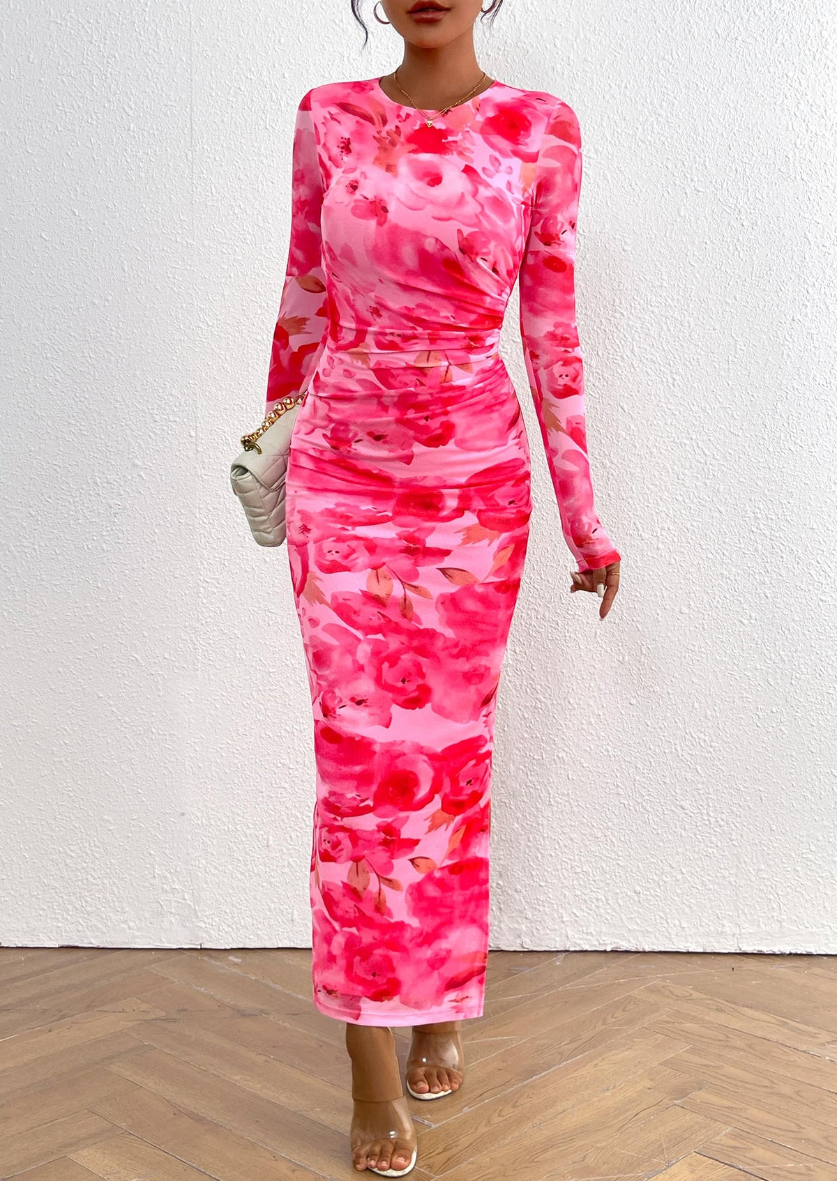 Floral Bodycon Ruched Maxi Dress - Long Sleeve, Party - photo 19