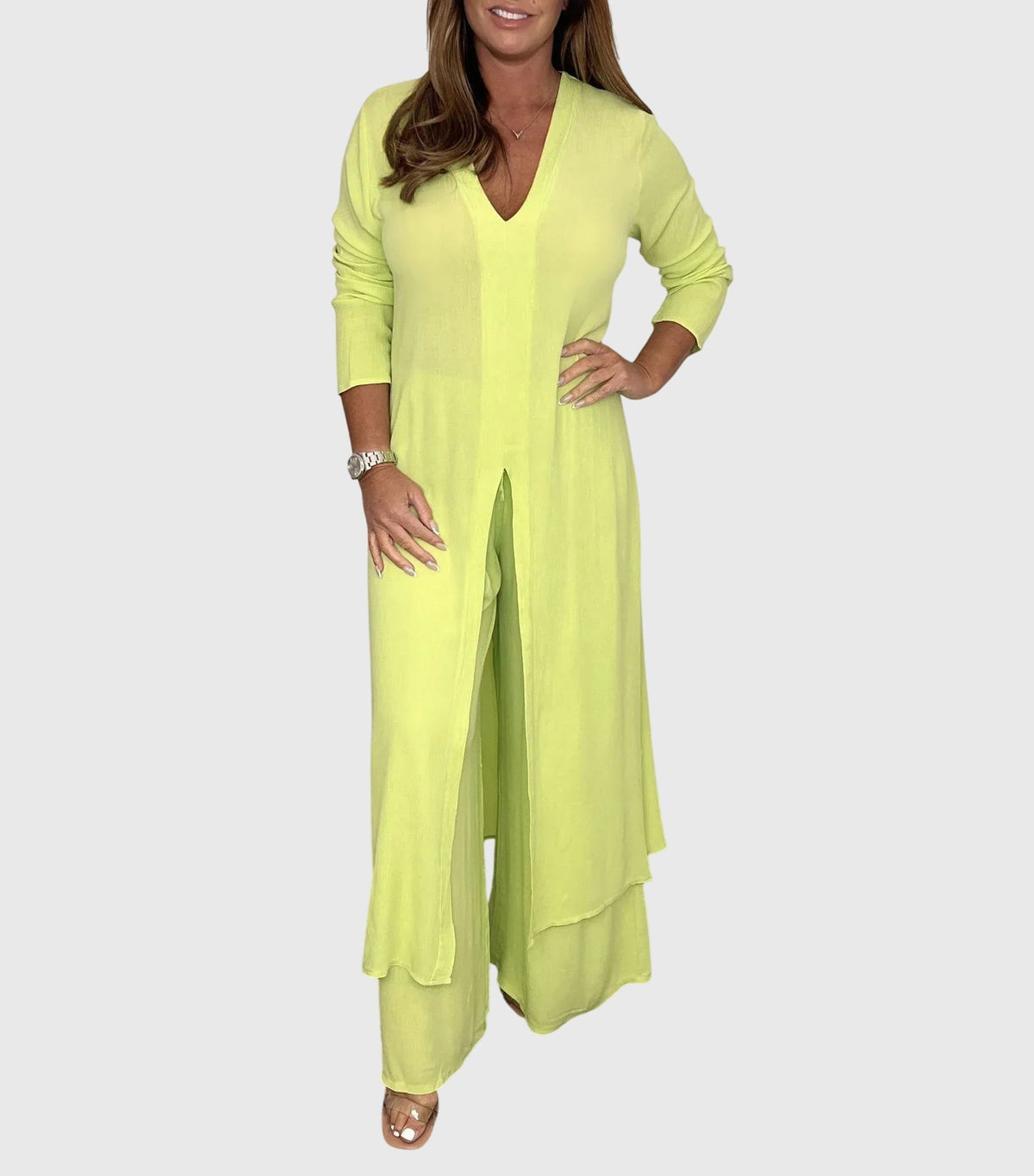 Cream open-front duster cardigan two-piece set with matching wide-leg pants, effortlessly elegant