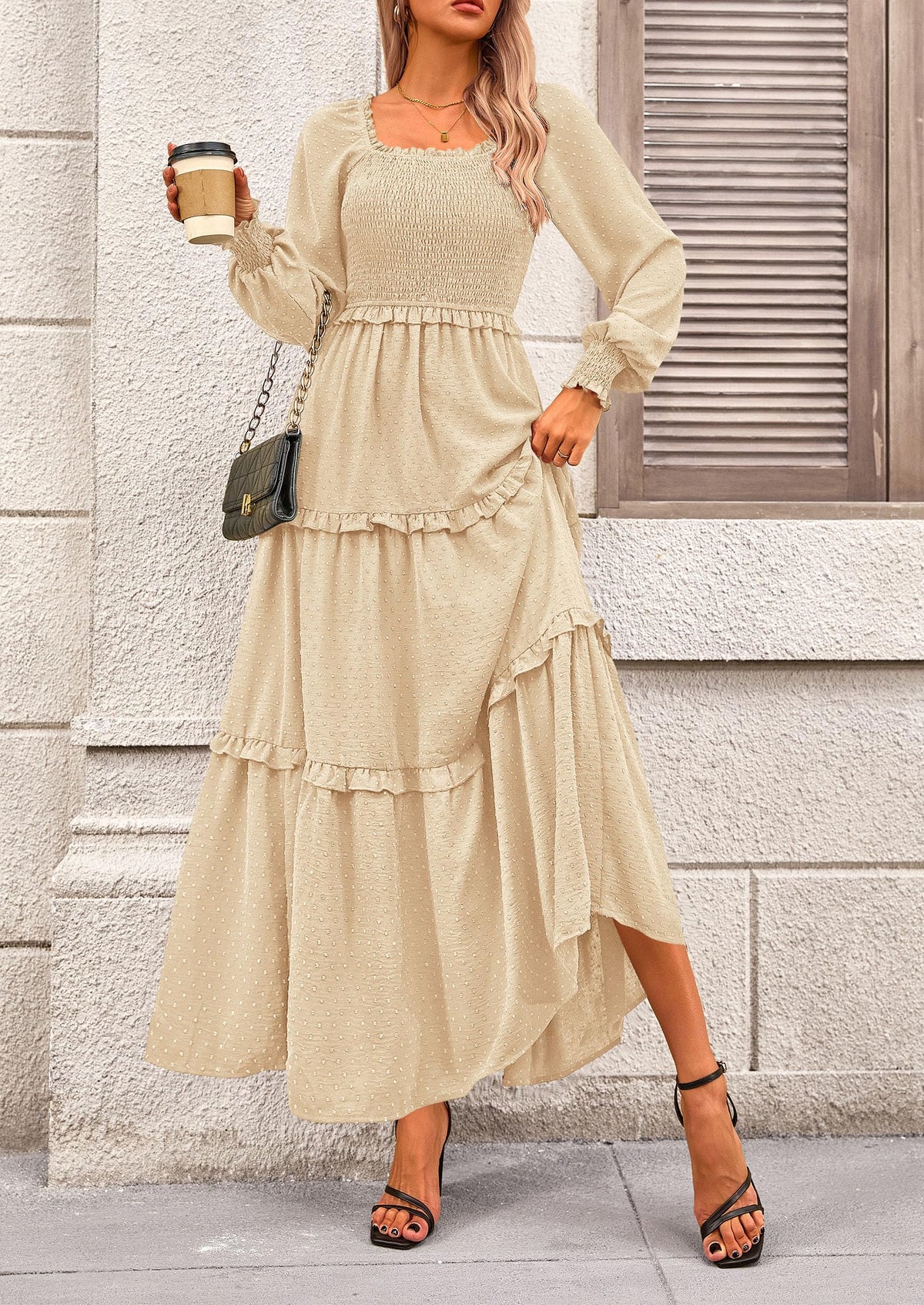Beige Swiss Dot Smocked Tiered Maxi Dress - Long Sleeve, photo 3