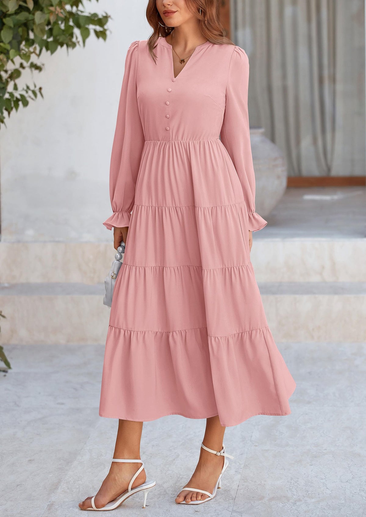 Brick Red Swiss Dot Smocked Tiered Maxi Dress - Long Sleeve, photo 33