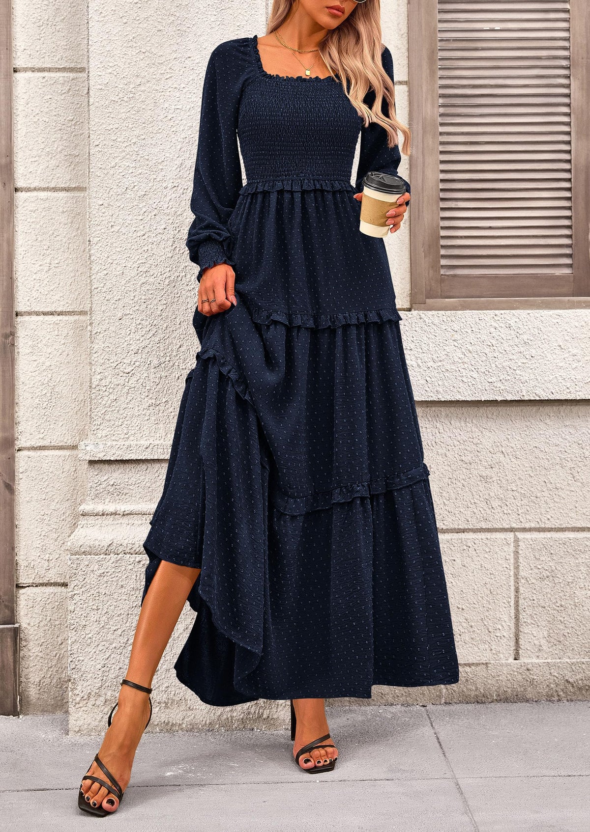 Beige Swiss Dot Smocked Tiered Maxi Dress - Long Sleeve, photo 24