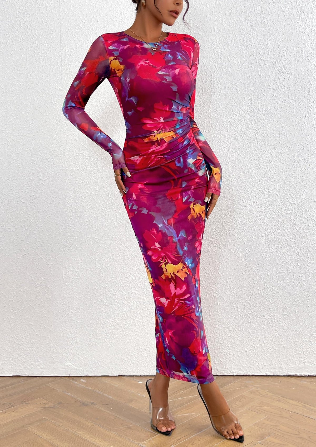 Floral Bodycon Ruched Maxi Dress - Long Sleeve, Party - photo 28