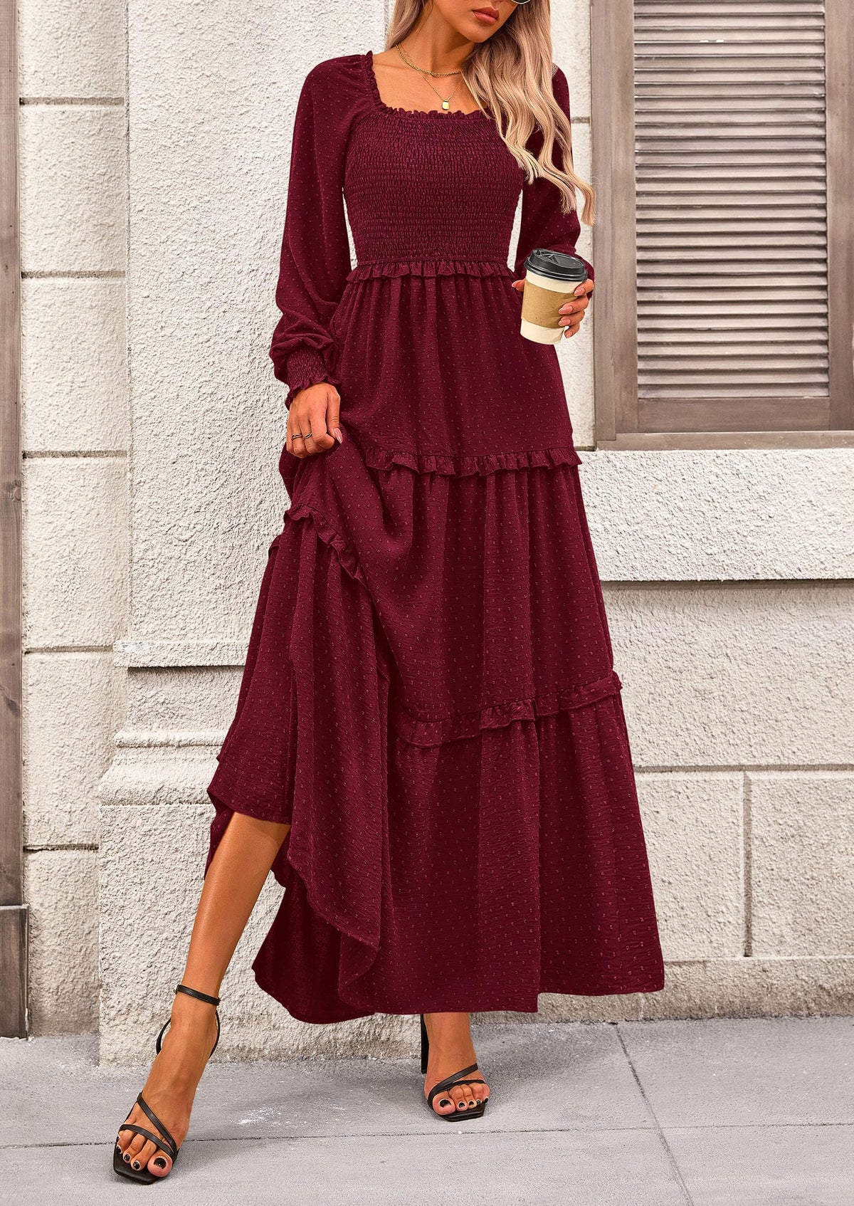 Beige Swiss Dot Smocked Tiered Maxi Dress - Long Sleeve, photo 40
