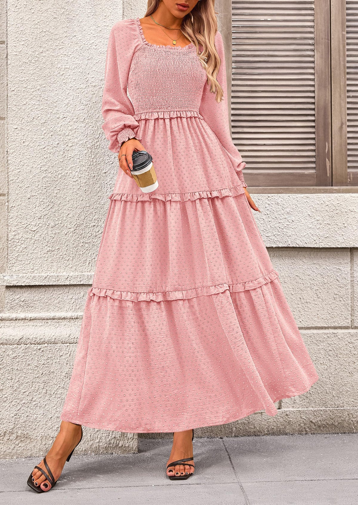 Beige Swiss Dot Smocked Tiered Maxi Dress - Long Sleeve, photo 16