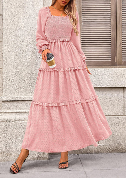 Beige Swiss Dot Smocked Tiered Maxi Dress - Long Sleeve, photo 16