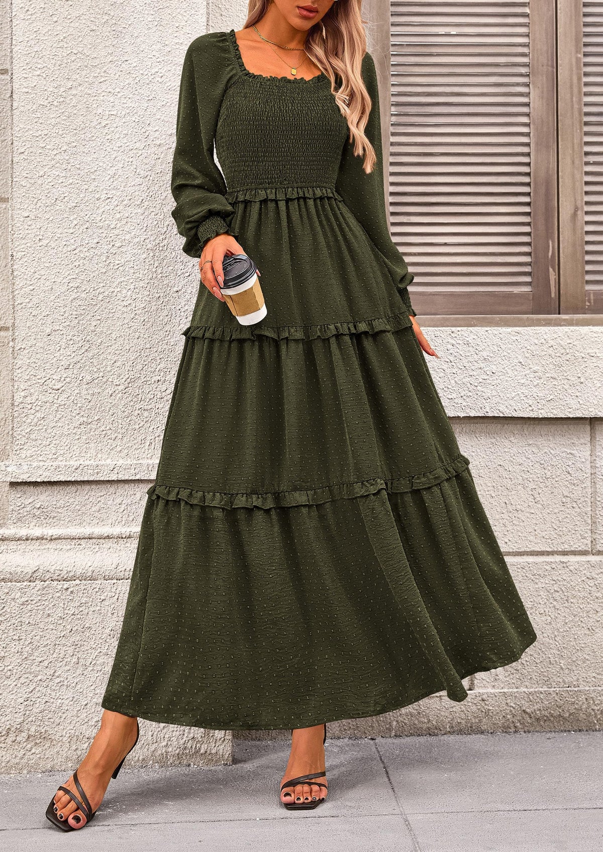 Beige Swiss Dot Smocked Tiered Maxi Dress - Long Sleeve, photo 48