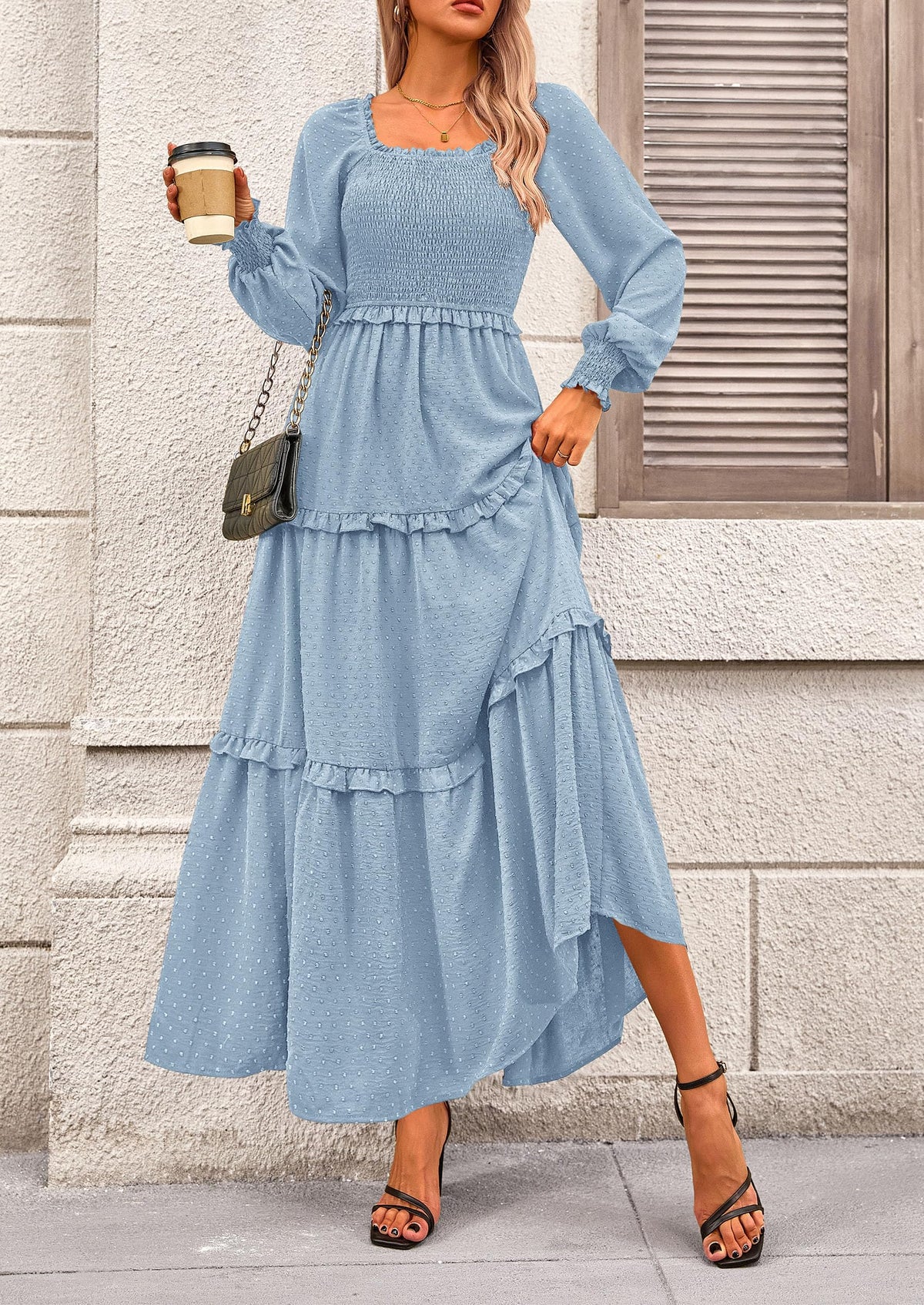 Beige Swiss Dot Smocked Tiered Maxi Dress - Long Sleeve, photo 52