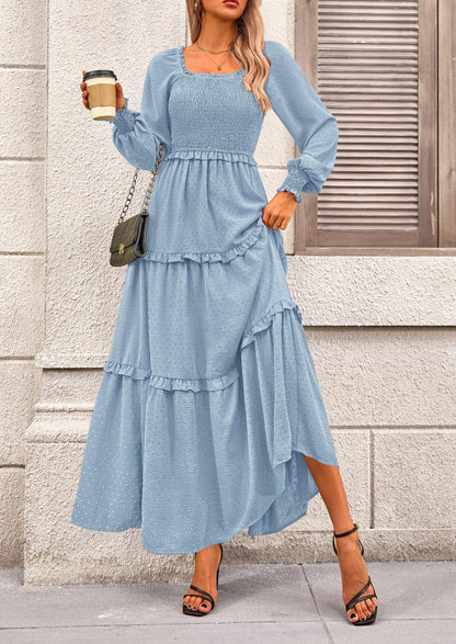 Beige Swiss Dot Smocked Tiered Maxi Dress - Long Sleeve, photo 52
