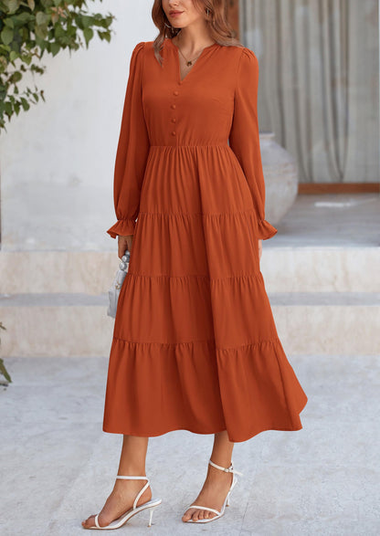 Brick Red Swiss Dot Smocked Tiered Maxi Dress - Long Sleeve, photo 8