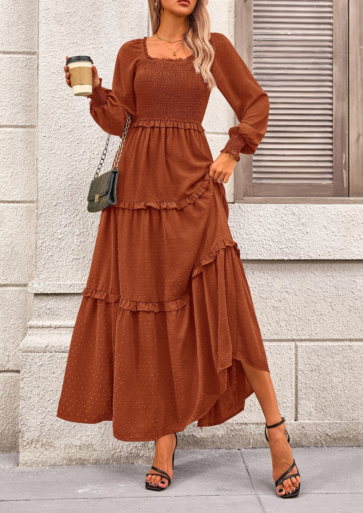 Beige Swiss Dot Smocked Tiered Maxi Dress - Long Sleeve, photo 64
