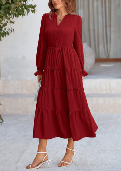 Brick Red Swiss Dot Smocked Tiered Maxi Dress - Long Sleeve, photo 64