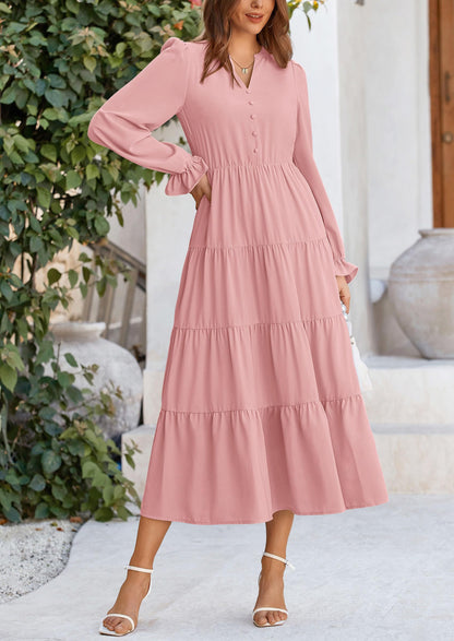 Brick Red Swiss Dot Smocked Tiered Maxi Dress - Long Sleeve, photo 28