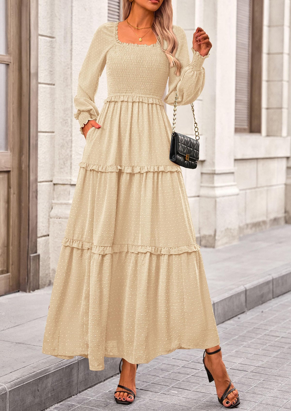 Beige Swiss Dot Smocked Tiered Maxi Dress - Long Sleeve, photo 8