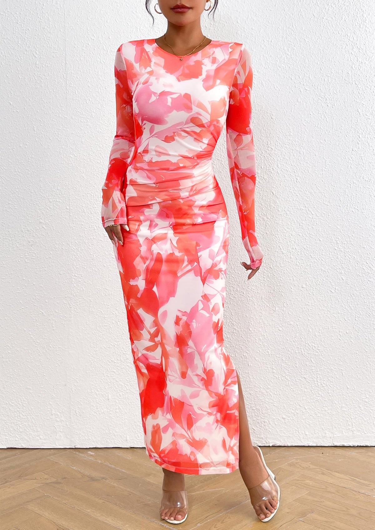 Floral Bodycon Ruched Maxi Dress - Long Sleeve, Party - photo 45